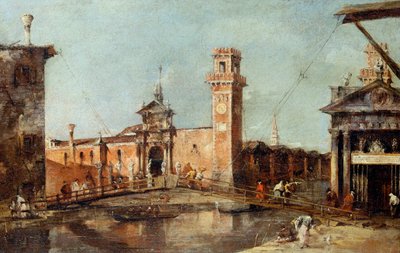"مدخل الأرسنال في البندقية" لوحة لفرانشيسكو غواردي (1712-1793) - بعد 1776 - ألوان زيتية على قماش بحجم 29x45 سم متحف تاريخ الفن ، فيينا بواسطة فرانشيسكو غواردي