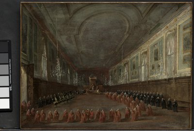 البابا بيوس السادس نزل العرش لأخذ إجازة دوجي في قاعة SS. جيوفاني إي باولو ، 1782 والاحتفال البابوي في SS. جيوفاني إي باولو ، البندقية ، 1782 ، ج. 1783 بواسطة فرانشيسكو غواردي