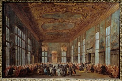 The Doge of Venice Alvise IV Mocinego (1701-1778) يقدم الإفطار للسفراء لوحة لفرانشيسكو غواردي (1712-1793) شمس القرن الثامن عشر. 0،67x1،01 م نانت ، متحف الفنون الجميلة بواسطة فرانشيسكو غواردي