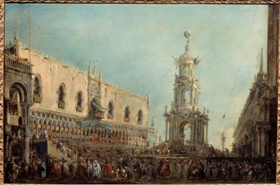 يحضر Doge of Venice احتفالات Gras يوم الخميس في Piazzetta di San Marco. ويحضر Alvise IV Mocenigo (1701-1778) عروضًا بهلوانية من شرفة قصر Doge. رسم فرانشيسكو غواردي (1712-1793) 1766-1770 صن. 0،67x1 م بواسطة فرانشيسكو غواردي