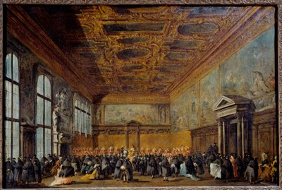The audience granted by the Doge of Venice (probably Alvise IV Mocinego (1701-1778)) in the College Hall at the Ducal Palace of Venice Painting by Francesco Guardi (1712-1793) 1766-1770 Sun. 0,67 x 1,01 m بواسطة فرانشيسكو غواردي