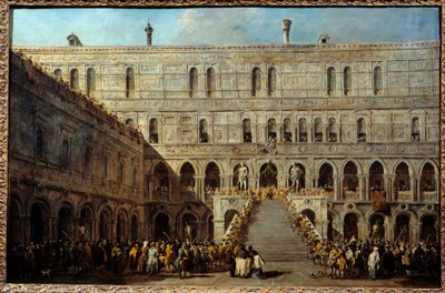 تتويج دوج البندقية على درج العمالقة في قصر الدوق. رسم فرانشيسكو غواردي (1712-1793) ، بين 1766 و 1770. ح / ر 0.67 × 1.01 م بواسطة فرانشيسكو غواردي
