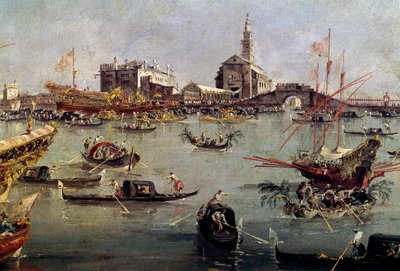 The Doge on the Bucentaurus (Bucentoro) in San Nicolo from Lido to Venice، Ascension Day لوحة لفرانشيسكو غواردي (1712-1793) القرن الثامن عشر ، باريس ، متحف اللوفر. بواسطة فرانشيسكو غواردي