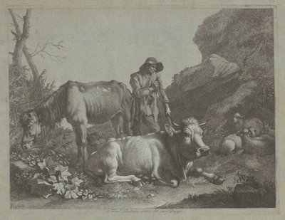 الراعي يستريح على عصا المشي مع حصان قديم وثور مستلقي ، بعد عام 1767. بواسطة فرانشيسكو لندنيو