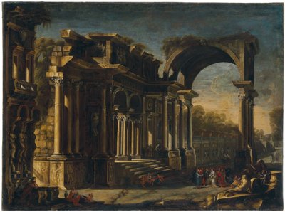 Capriccio مع الآثار الرومانية والمسيح مع امرأة مأخوذة في الزنا بواسطة فرانشيسكو ماجليولي