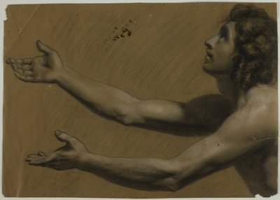 رجل شاب ينظر إلى أعلى بذراعين ممدودتين (الوجه)؛ امرأة تحمل مرآة (الوجه الآخر) بواسطة Francesco Podesti