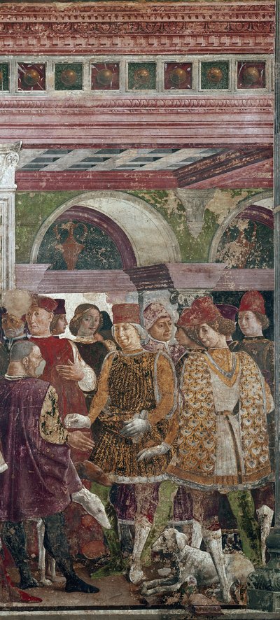 رمزية أبريل ، التفاصيل مع Borso d'Este مكافأة Scocola (1413-1471) تفاصيل - لوحة جدارية بقلم Francesco del Cossa (حوالي 1436 - حوالي 1478) Ferrara (Ferrara) Palazzo Schifanoia ، Hall of the Months بواسطة فرانشيسكو ديل كوسا