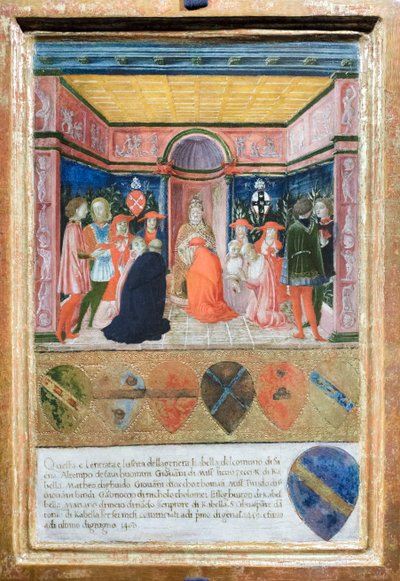 بيوس الثاني يعيّن الكاردينال ابن أخيه فرانشيسكو تيديشيني بيكولوميني، حوالي 1485-90 (تمبراً وذهب على لوحة) بواسطة فرانشيسكو دي جورجيو مارتيني