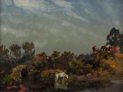 منظر طبيعي مع أبقار بجانب النهر (زيت على ورق) بواسطة فرانسيس (Attr.to) دانبي