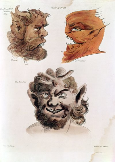 رؤساء شياطين الشر: Theumis ، Asmodeus و The Incubus ، رسوم توضيحية من &39;The Magus&39; ، حانة. 1801 (نقش يدوي) بواسطة فرانسيس باريت