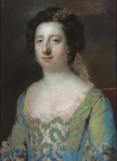صورة لهون. السيدة بريدجيت جانينج ، نصف طول ، في ثوب أزرق مكشكش ، 1758 بواسطة فرانسيس كوتس