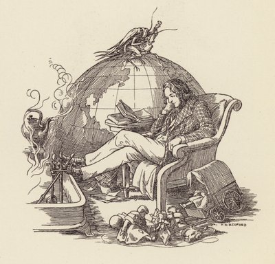 رسم توضيحي لكتاب "الصرصار على الموقد" لتشارلز ديكنز (طباعة حجرية ملونة) بواسطة فرانسيس دونكين بيدفورد
