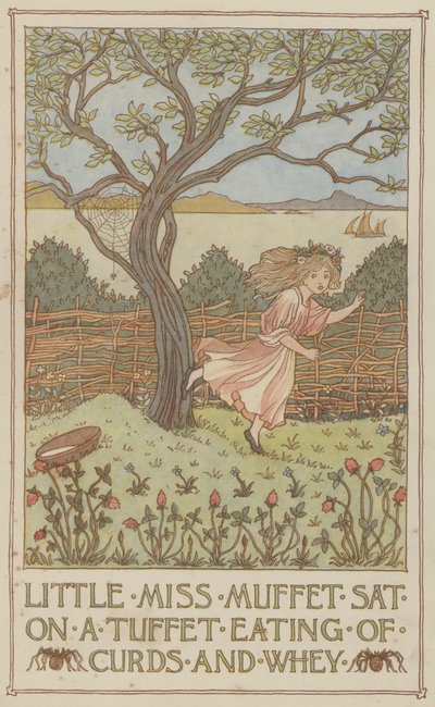 الآنسة مافت الصغيرة جالسة على تافتة تأكل من اللبن الرائب ومصل اللبن (ليثو ملون) بواسطة فرانسيس دونكين بيدفورد