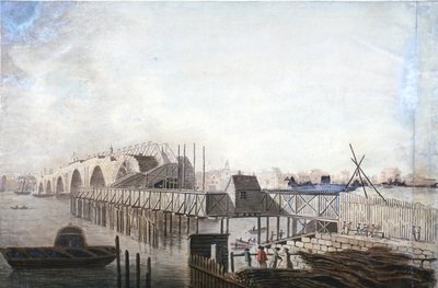 منظر للجسر المؤقت في بلاكفريرز ، لندن ، 1762 بواسطة فرانسيس جروس
