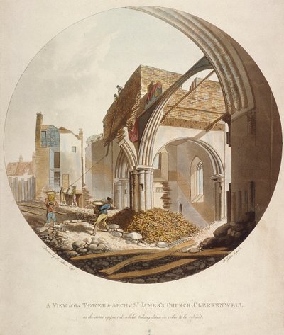 منظر للبرج وقوس كنيسة سانت جيمس ، كليركينويل ، إيسلينجتون ، لندن ، 1789 بواسطة فرانسيس جوكس