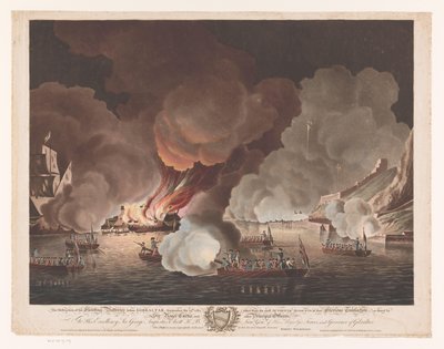 تدمير السفن قبالة جبل طارق في 14 سبتمبر 1782 تدمير البطاريات العائمة قبل جبل طارق ، 14 سبتمبر 1782 (...) (العنوان على الجسم) بواسطة فرانسيس جوكس