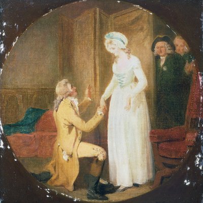 الفصل الخامس ، المشهد الثالث من المسرحية هي تنحني لتتغلب على أوليفر جولدسميث (1730-1774) بواسطة فرانسيس ويتلي