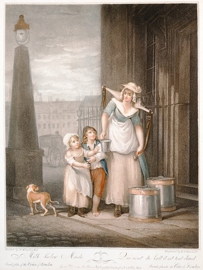 حليب أسفل الخادمات ، اللوحة 2 من "صرخات لندن" ، نقشها لويجي شيافونيتي (1765-1810) ، حانة. بواسطة Colnaghi und Co. ، 1793 (نقش الخطورة) بواسطة فرانسيس ويتلي