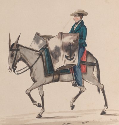 خباز يمتطي حصانًا ، من مجموعة رسومات تصور زيًا بيروفيًا ، كاليفورنيا. 1848. بواسطة فرانسيسكو