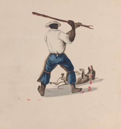 رجل ينظر من الخلف وهو يضرب كلبًا بعصا ، من مجموعة رسومات تصور ... ، حوالي عام. 1848 بواسطة فرانسيسكو