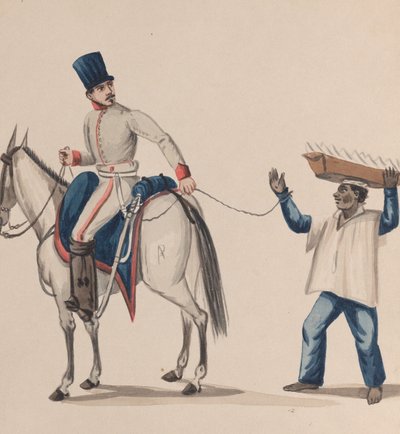 جندي على صهوة حصان يحمل حبلًا يؤمن عبدًا من السكان الأصليين يوازن صفيحة ... ، كاليفورنيا. 184 بواسطة فرانسيسكو