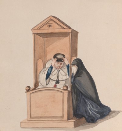 امرأة تعترف لكاهن ، من مجموعة رسومات تصور زيًا بيروفيًا ، كاليفورنيا. 1848. بواسطة فرانسيسكو