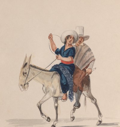 رجل وامرأة هنديان يركبان حمارًا ، من مجموعة رسومات تصور بيرو ... ، كاليفورنيا. 1848. بواسطة فرانسيسكو