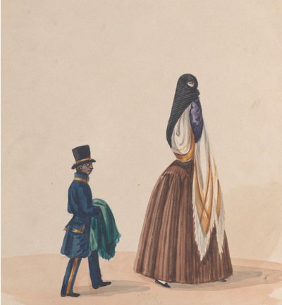 امرأة ترتدي ملابس أنيقة وصفحتها ، من مجموعة رسومات تصور بيرو ... ، كاليفورنيا. 1848. بواسطة فرانسيسكو