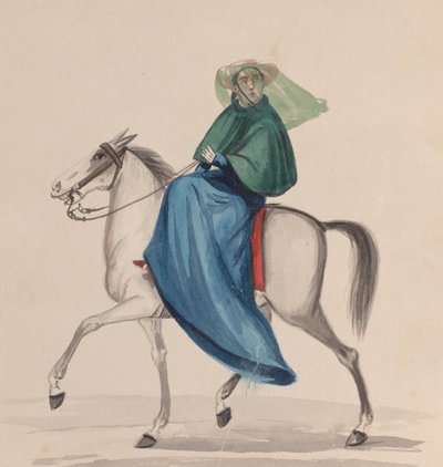 امرأة ترتدي ملابس أنيقة على ظهور الخيل ، من مجموعة رسومات تصور بيرو ... ، كاليفورنيا. 1848. بواسطة فرانسيسكو