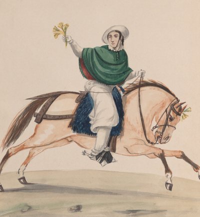 امرأة ترتدي ملابس أنيقة على ظهور الخيل ، من مجموعة رسومات تصور بيرو ... ، كاليفورنيا. 1848. بواسطة فرانسيسكو