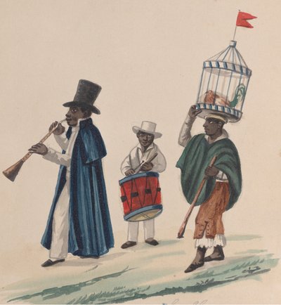 موسيقيان ورجل يحمل على رأسه ديك في قفص ، من مجموعة من ... ، كاليفورنيا. 1848. بواسطة فرانسيسكو