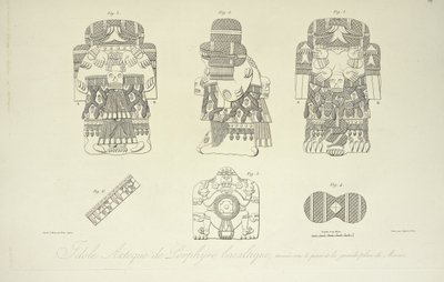 Aztec Idol of Basaltic Porphyry ، تم العثور عليه تحت Grand Plaza of Mexico City ، محفور بواسطة Cloquet ، رسم توضيحي من `` مناظر كورديليراس وآثار الشعوب الأصلية في أمريكا '' بقلم ألكسندر فون هومبولت وأيم بونبلاند بواسطة فرانسيسكو أغيرا بوستامانتي