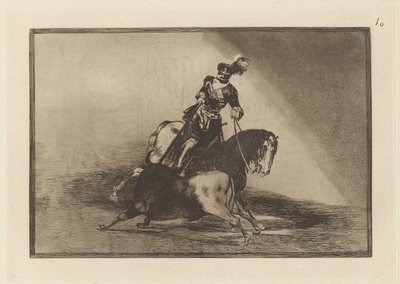 Carlos V. lanceando un toro en la plaza de Valladolid (Charles V. Spearing a Bull in the Ring at Valladolid) ، اللوحة 10 من La tauromaquia بواسطة فرانسيسكو دي جويا