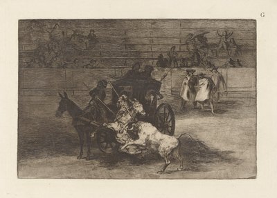 قاتل في عربة مسخرة على بغلين ، اللوحة G من La tauromaquia (الإصدار الثالث) بواسطة فرانسيسكو دي جويا