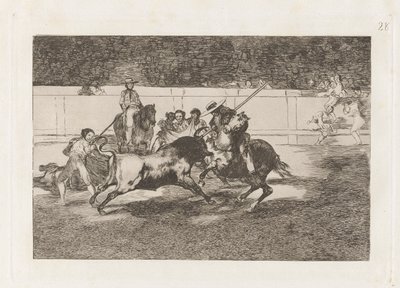 ريندون المجتهد يقطع ثورًا ، من حظه مات؟ en la plaza de Madrid (The Forceful Rendon Stabs a Bull with the Pique ، الذي توفي منه في حلبة مدريد) ، اللوحة 28 من La tauromaquia بواسطة فرانسيسكو دي جويا