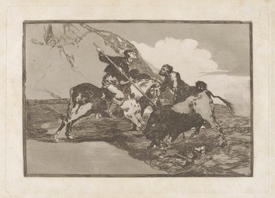كيف اصطاد الاسبان القدماء الثيران؟ حصان في الحقل (الطريقة التي اصطاد فيها الإسبان القدماء الثيران على ظهور الخيل في البلد المفتوح) ، اللوحة 1 من La tauromaquia بواسطة فرانسيسكو دي جويا