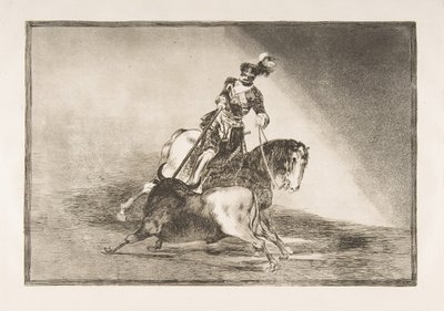 اللوحة 10 من La Tauromaquia: تشارلز الخامس يقذف ثورًا في الحلقة في بلد الوليد ، 1816. بواسطة فرانسيسكو دي جويا