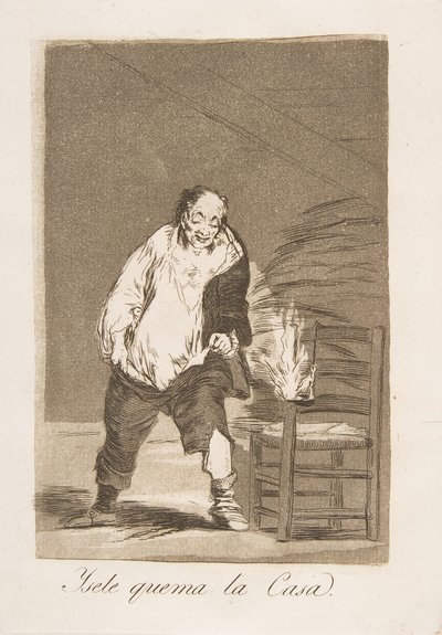 اللوحة 18 من 'Los Caprichos': ومنزله مشتعل بالنار Ysele quema la Casa.، 1799. بواسطة فرانسيسكو دي جويا