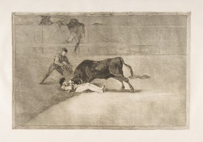 اللوحة 33 من Tauromaquia: موت بيبي إيلو المحظوظ في الحلقة في مدريد ، 1816. بواسطة فرانسيسكو دي جويا