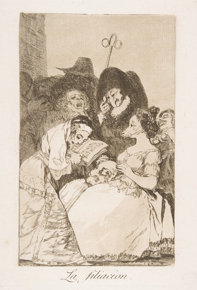 اللوحة 57 من Los Caprichos: The filiation La filiacion. ، 1799. بواسطة فرانسيسكو دي جويا