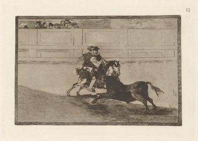 Un caballero espa؟ ol en plaza quebrando rejoncillos sin auxilio de los chulos (فارس مثبت في الخاتم يكسر الرماح القصيرة بدون مساعدة المساعدين) ، اللوحة 13 من La tauromaquia بواسطة فرانسيسكو دي جويا