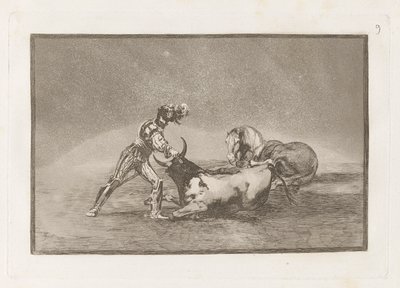 فارس إسباني يقتل الثور بعد أن فقد حصانه ، اللوحة 9 من La tauromaquia بواسطة Francisco de Goya