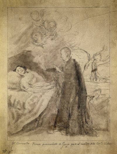 القديس فرانسوا (فرانسيس) بورجيا (1510-1578) بجوار سرير أحد المحتضر غير النائم. رسم عام 1788 رسمه فرانسيسكو دي جويا لوسينتس (1746-1828). رسم تخطيطي للوحة تحمل نفس العنوان بتكليف من عائلة أوسونا. متحف برادو ، مدريد. بواسطة فرانسيسكو خوسيه دي جويا إي لوسينتس