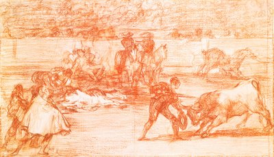 مصارعة الثيران: يستعد مصارع الثيران للقتال مرتديًا قبعة في مكان العكاز. Dessin a la sanguine بواسطة فرانسيسكو دي غويا إي لوسينتس (1746-1828). 1815-1816. مدريد. متحف برادو بواسطة فرانسيسكو خوسيه دي جويا إي لوسينتس