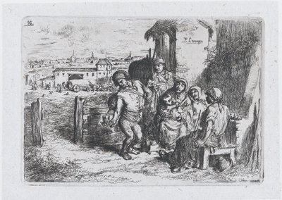 اللوحة 16: مجموعة من الناس في الخارج بينهم رجل سكب نبيذًا أو ماءًا من إناء ... ، 1850. بواسطة فرانسيسكو لامير بيرينغير