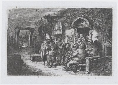 اللوحة 18: موسيقيو الشوارع وشخصيات أخرى خارج حانة ، من سلسلة الجمارك ... ، 1850. بواسطة فرانسيسكو لامير بيرينغير