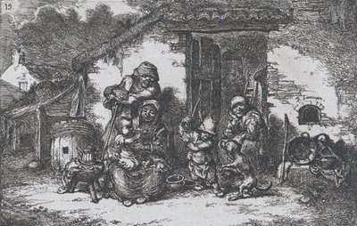 اللوحة 19: عائلة وصبي يلعبان مع كلب خارج منزل ، من سلسلة العادة ... ، 1850. بواسطة فرانسيسكو لامير بيرينغير