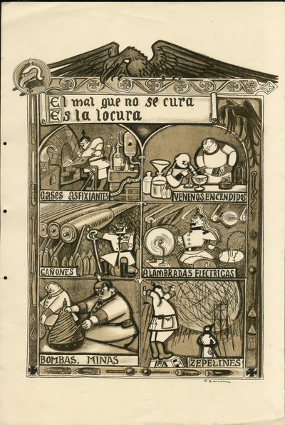 رسم توضيحي لفرانسيسكو سانشا لينغو (1874-1936) - ورقة طائرة ، حوالي عام 1915 - El mal que no se cura es la locura - حرب 14-18 ، ألمانيا بروسيا ، غاز Asphixiant ، اللغة الإسبانية ، الصحافة الأجنبية بواسطة فرانسيسكو سانشا إي لينغو