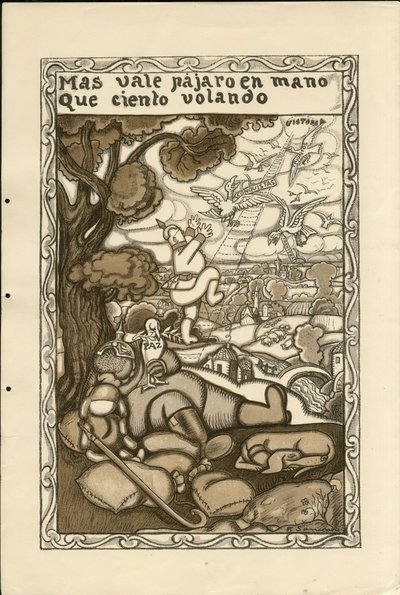 رسم توضيحي لفرانسيسكو سانشا لينغو (1874-1936) - الورقة الطائرة ، كاليفورنيا. 1915 - Mas vale pajaro en mano que ciento volando - حرب 14-18 ، ألمانيا بروسيا ، المتحاربون والرموز ، النصر ، السلام ، اللغة الإسبانية ، الصحافة الأجنبية بواسطة فرانسيسكو سانشا إي لينغو