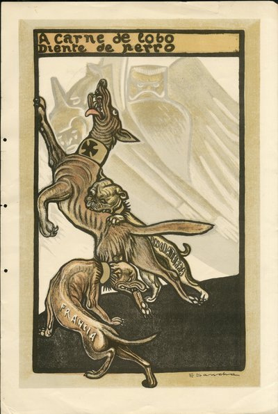 Illustration of Francisco Sancha Lengo (1874-1936) - Flying leaf, circa 1915 - A carne de lobo diente de perro - War of 14 -18, Germany Prussia, England Great Britain, Belligerants and symbols, France, Spanish Language, Foreign Press - William II, Dog, Hid بواسطة فرانسيسكو سانشا إي لينغو